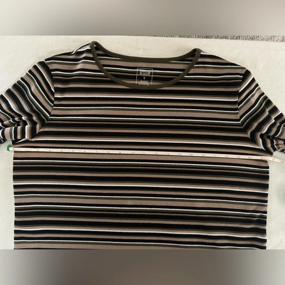 Black, Olive, Tan, and White Striped 3/4 Sleeve Top - Picture 3 of 5